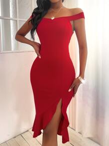 SHEIN SXY Bardot Split Thigh Ruffle Hem Bodycon Dress - Red - View 3