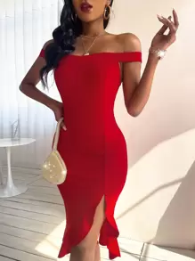 SHEIN SXY Bardot Split Thigh Ruffle Hem Bodycon Dress - Red - View 6
