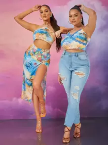 SHEIN Tiger Print 1 Halter Top & High Split 1 Skirt Set - Multicolor - View 1