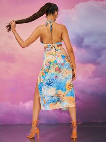 SHEIN Tiger Print 1 Halter Top & High Split 1 Skirt Set - Multicolor - View 2