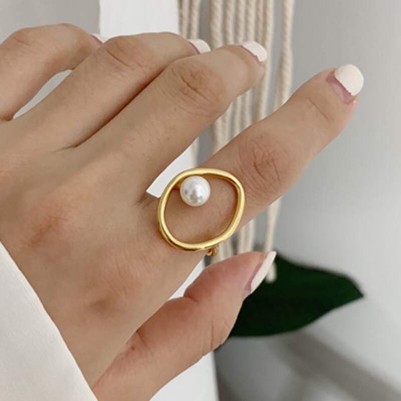 

1pc Faux Pearl Decor Geo Ring, Gold