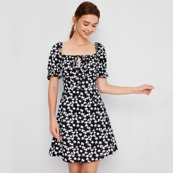 

Allover Floral Square Neck Dress, Blue and white