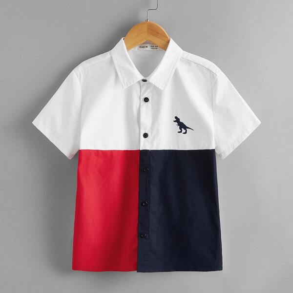 

Boys Collared Dinosaur Print Colorblock Shirt, Multicolor