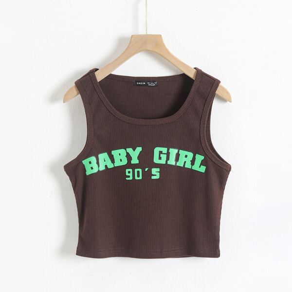 

Letter Graphic Scoop Neck Rib-knit Tank Crop Top, Coffee brown