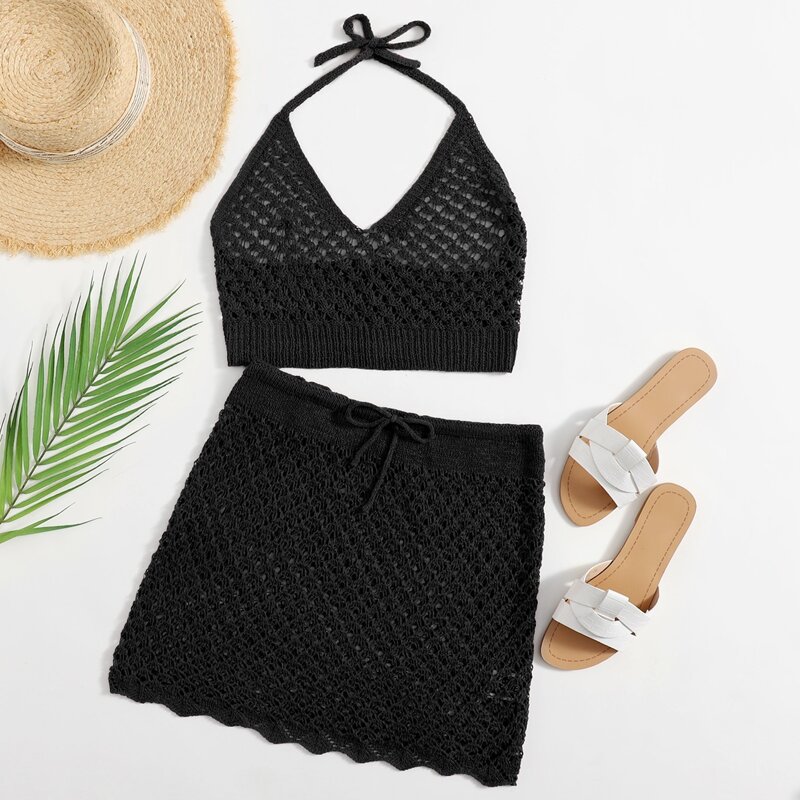 

Halterneck Tie Back Cover Up Top & Skirt Set, Black