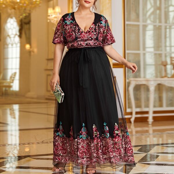 

Plus Embroidery Mesh Panel Belted Maxi A-line Dress, Black