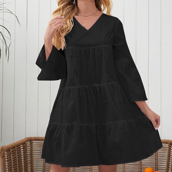 

Flounce Sleeve Ruffle Hem Smock Dress, Black