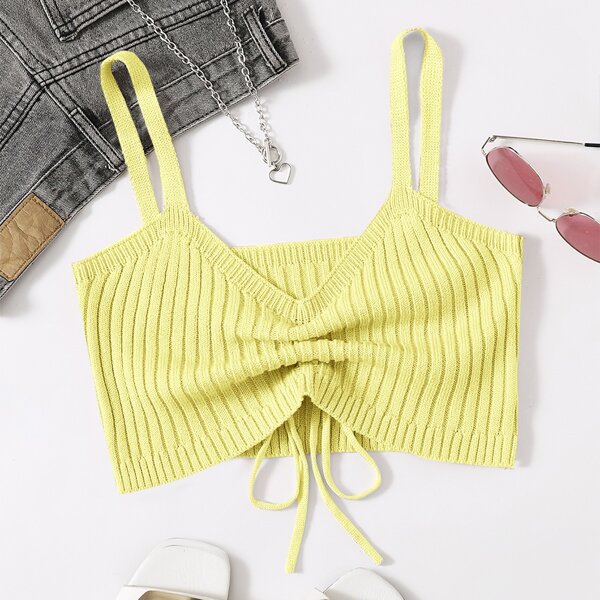 

Drawstring Knot Ribbed Knit Top, Yellow