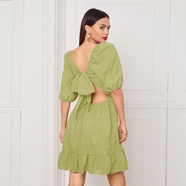 

Solid Tie Back Ruffle Hem Peekaboo Dress, Lime green