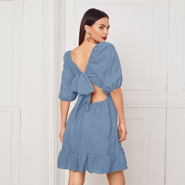 

Solid Tie Back Ruffle Hem Peekaboo Dress, Dusty blue