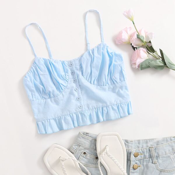 

Solid Ruched Bust Crop Cami Top, Baby blue