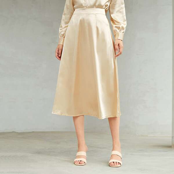 

Solid Zip Back Satin Skirt, Apricot