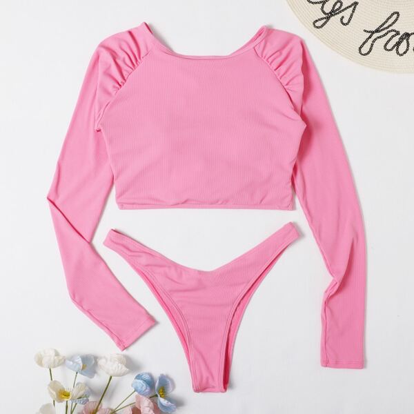 

Rib Lace-up Long Sleeve Bikini Swimsuit, Pastel baby pink