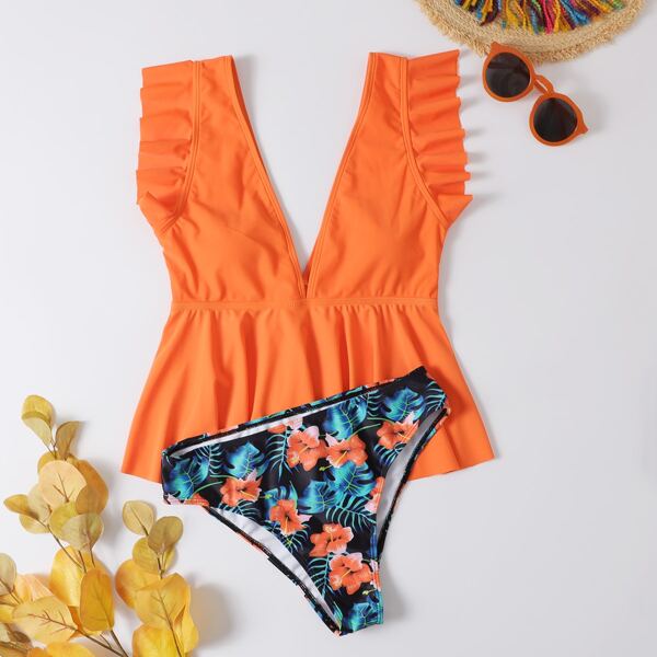 

Tropical & Floral Pattern Ruffle Hem Bikini Swimsuit, Multicolor