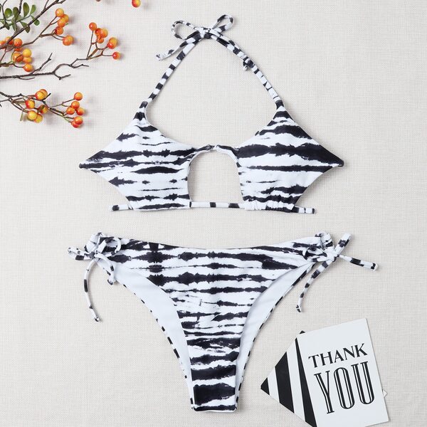 

Tie Dye Cut-out Tie Side Bikini Swimsuit, Black and white