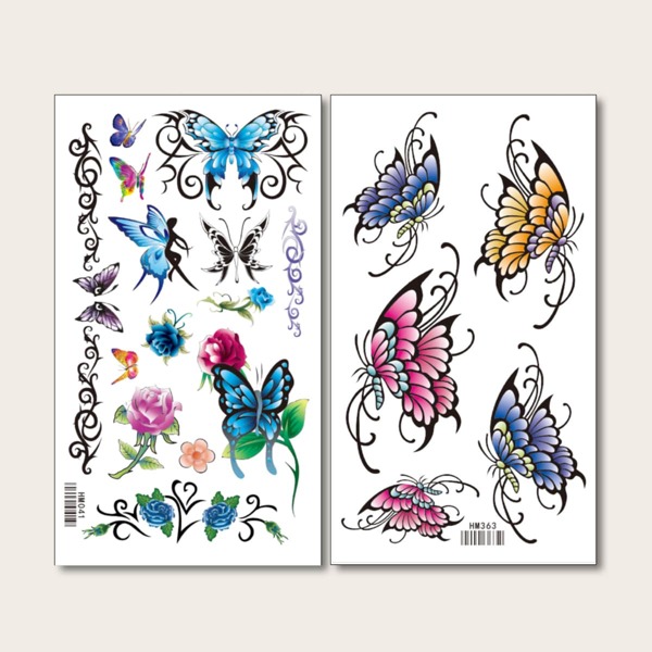 

2sheets Butterfly Pattern Tattoo Sticker, Multicolor