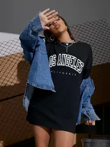 Flirla Camiseta ancha con gráfico de letras y hombros caídos - Negro - Ver 5