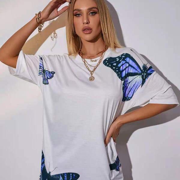 

Butterfly Print Drop Shoulder Longline Tee, White