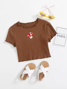 SHEIN Girls Mushroom Embroidered Rib-knit Tee - Brown - View 1