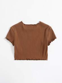 SHEIN Girls Mushroom Embroidered Rib-knit Tee - Brown - View 2