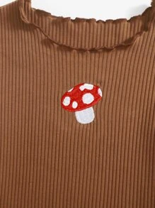 SHEIN Girls Mushroom Embroidered Rib-knit Tee - Brown - View 4