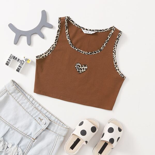 

Girls Leopard Trim Heart Detail Tank Top, Coffee brown