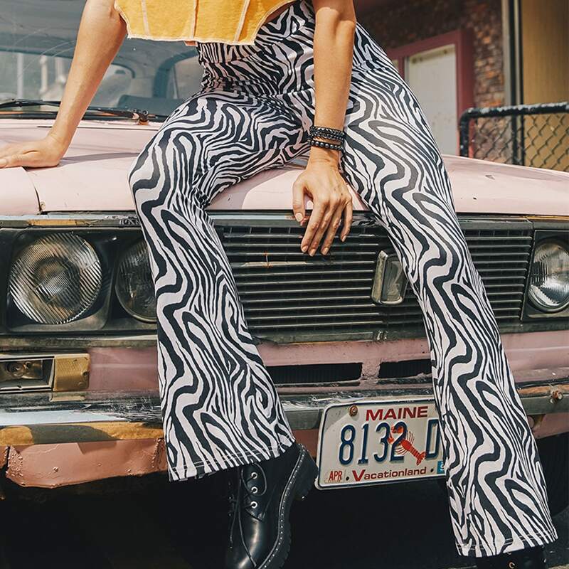 

Zebra Striped Flare Leg Pants, Black and white