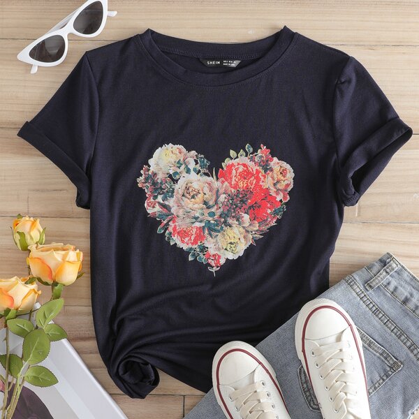 

Heart & Floral Print Tee, Navy blue
