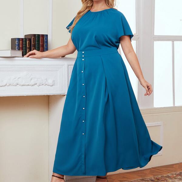 

Plus Batwing Sleeve Solid Top & Skirt Set, Blue