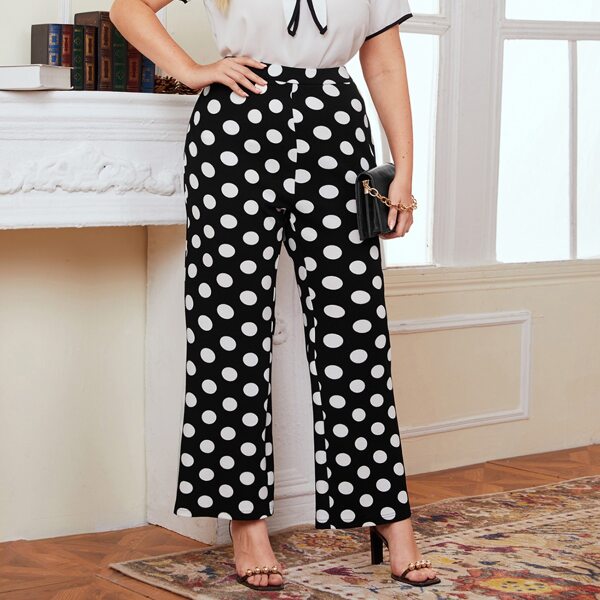 

Plus Polka Dot Wide Leg Pants, Black and white