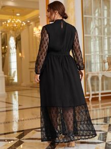 Calvaya Đầm Plus Size Tương phản ren màu trơn Thanh lịch - màu đen - Xem 2