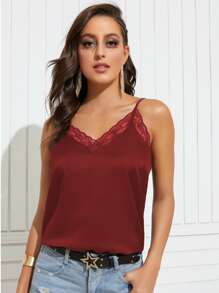 Solid Contrast Lace Satin Cami Top - Burgundy - View 1