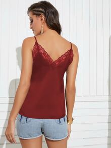 Solid Contrast Lace Satin Cami Top - Burgundy - View 2
