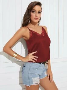 Solid Contrast Lace Satin Cami Top - Burgundy - View 3
