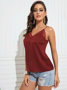 Solid Contrast Lace Satin Cami Top - Burgundy - View 4