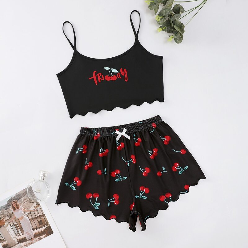 

Cherry And Letter Graphic Cami PJ Set, Black