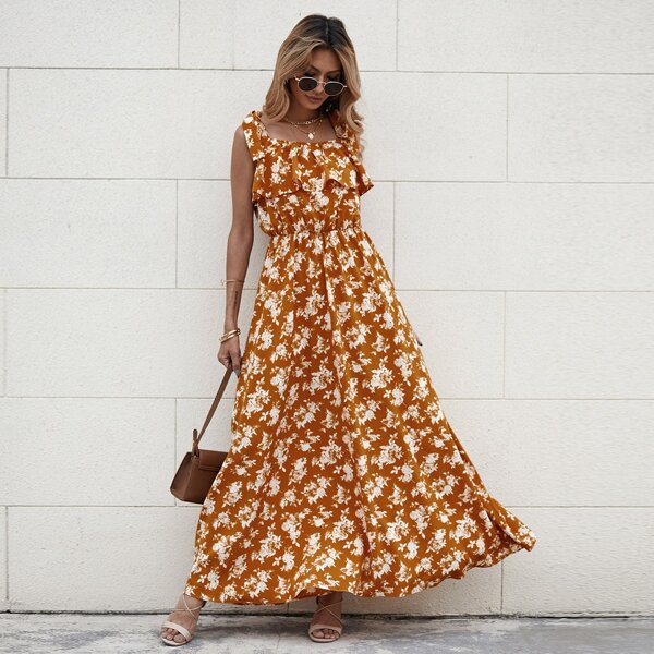 

Allover Floral Ruffle Trim Knot Shoulder Cami Dress, Burnt orange