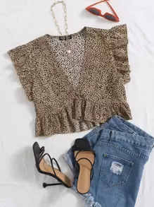 SHEIN VCAY Ruffle Hem Allover Print Blouse - Khaki - View 1