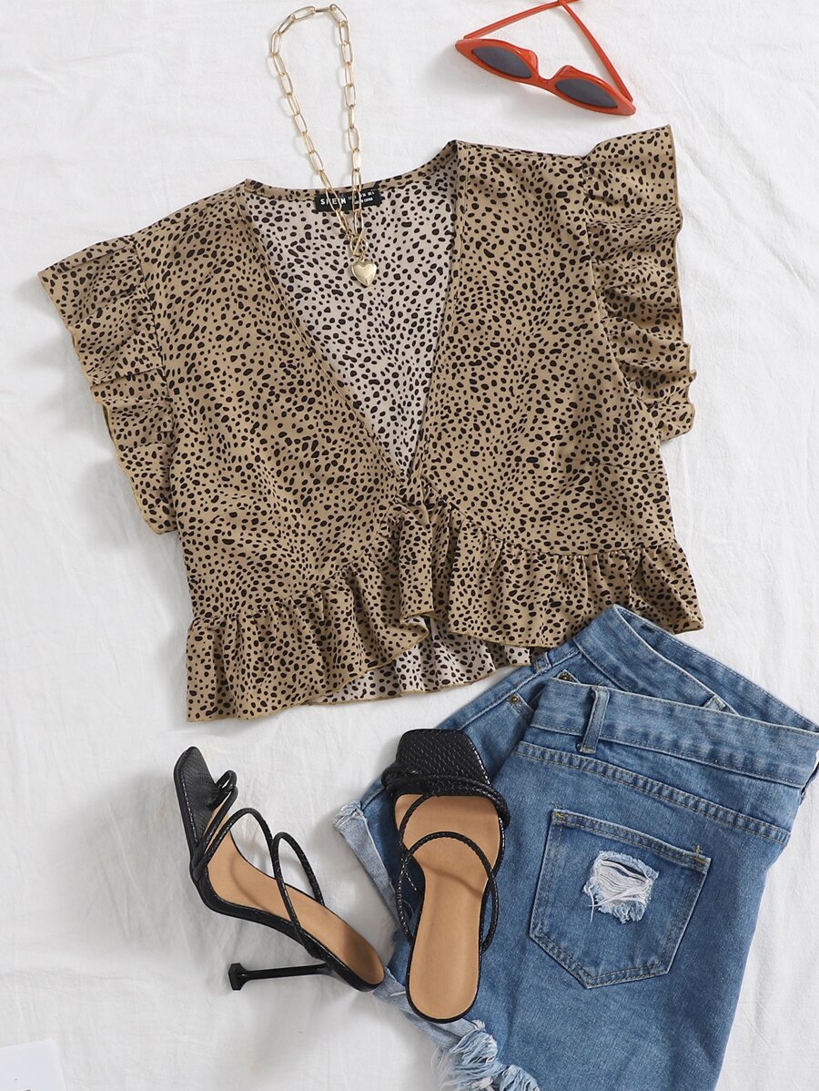 SHEIN VCAY Ruffle Hem Allover Print Blouse - Khaki - View 1
