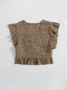 SHEIN VCAY Ruffle Hem Allover Print Blouse - Khaki - View 2