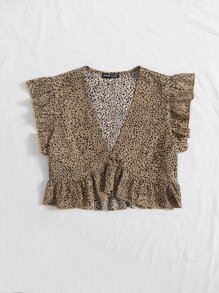 SHEIN VCAY Ruffle Hem Allover Print Blouse - Khaki - View 3