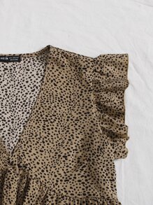 SHEIN VCAY Ruffle Hem Allover Print Blouse - Khaki - View 4