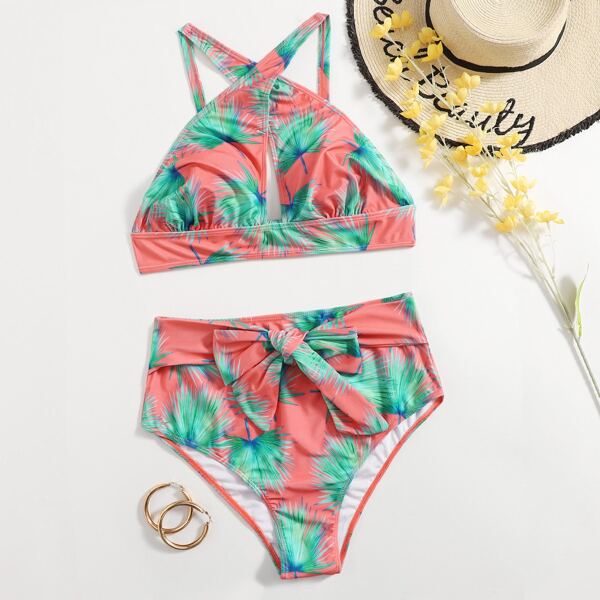 

Plus Leaf Print Knot Bikini Swimsuit, Multicolor