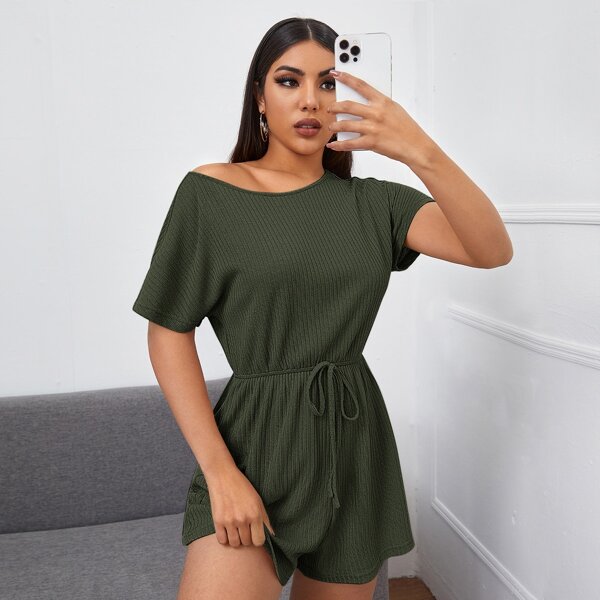 

Rib-knit Knot Waist Romper, Army green
