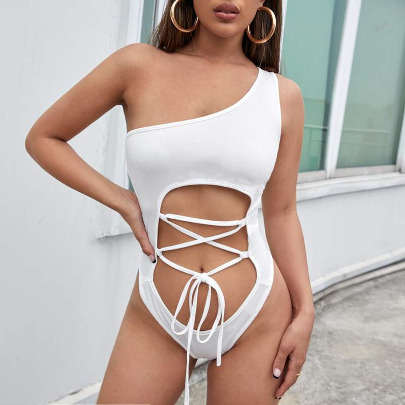 

One Shoulder Cut Out Lace-up Bodysuit, White