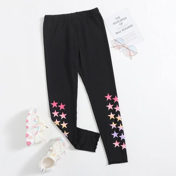 

Girls Lettuce Hem Star Print Leggings, Black