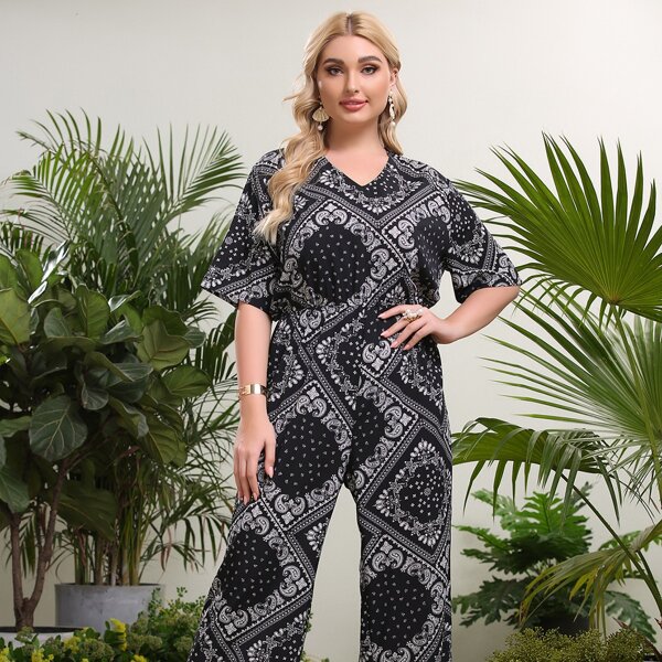 

Plus Paisley And Scarf Print Wide Leg Jumpsuit, Black