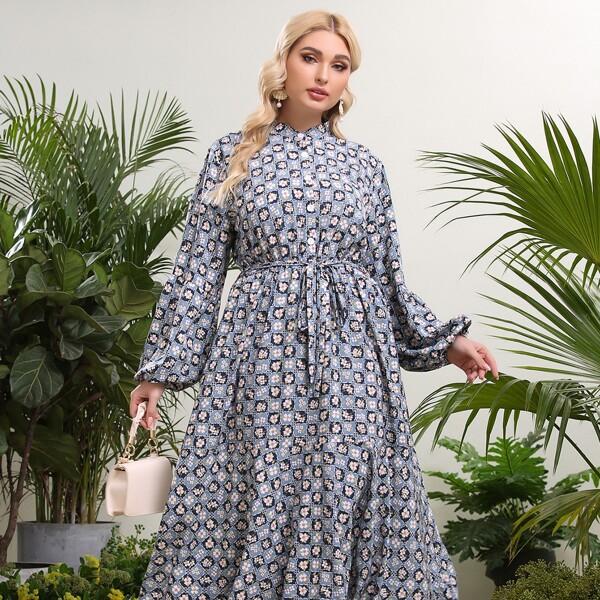 

Plus Floral And Plaid Print Bishop Sleeve Belted Dress, Multicolor