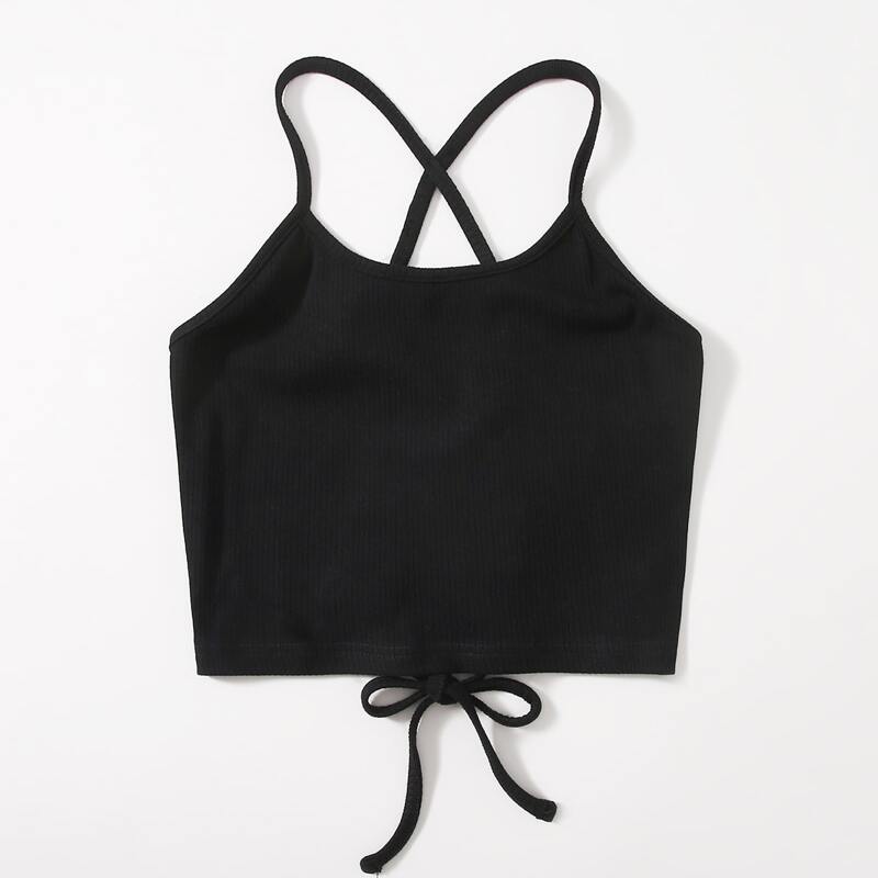 

Solid Lace Up Ribbed Crop Cami, Black