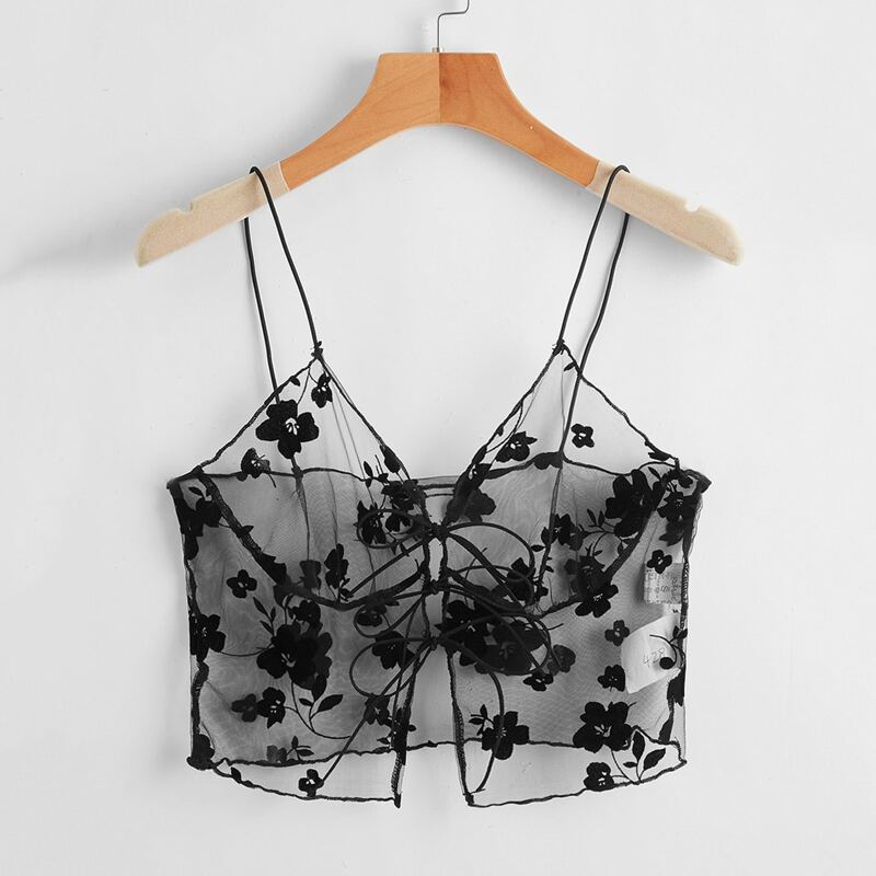 

Floral Mesh Tie Front Cami, Black